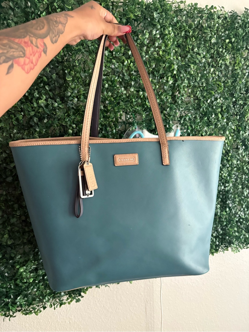 Coach Teal Tote with Tan Trim and Straps